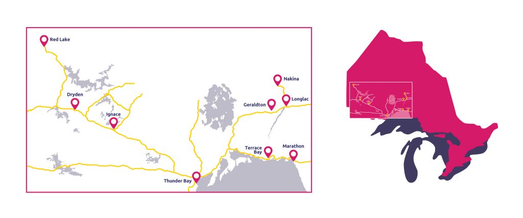 Carte du territoire des écoles du conseil scolaire catholique des Aurores Boréales