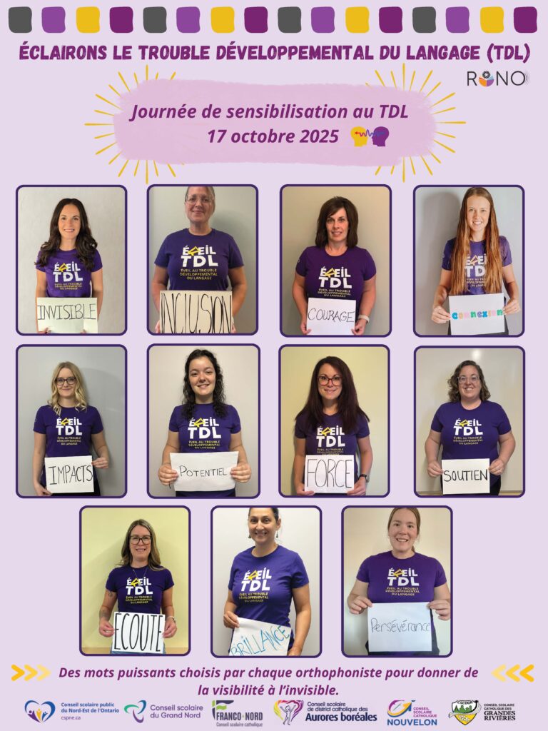 Photo de portrait des membres du RONO vêtus de mauve et jaune avec une pancarte à la main sur laquelle est un mot.